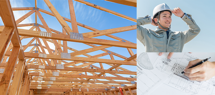 建築物の骨組みと男性写真と設計図を作成している写真